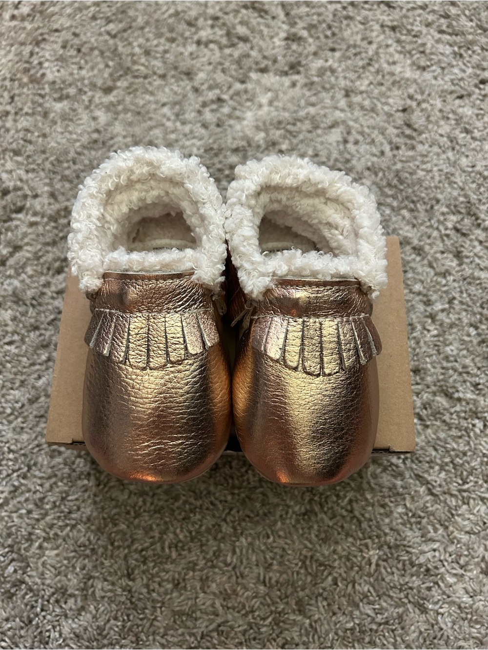 Baby Metallic Rose Gold Sherpa Moccasin Slippers
